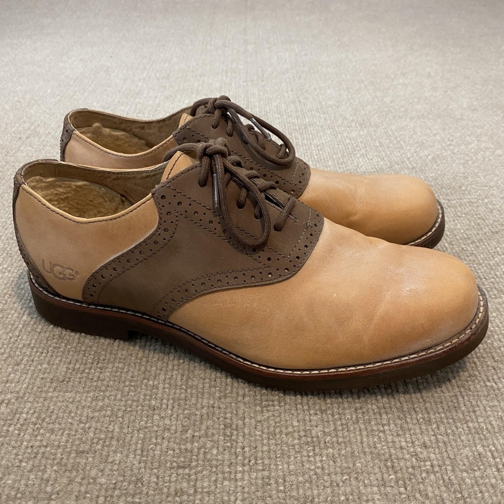 UGG Shoes Mens Size 10 Beige Brown Leather Brogue Dress Oxfords Lined 1002479‎